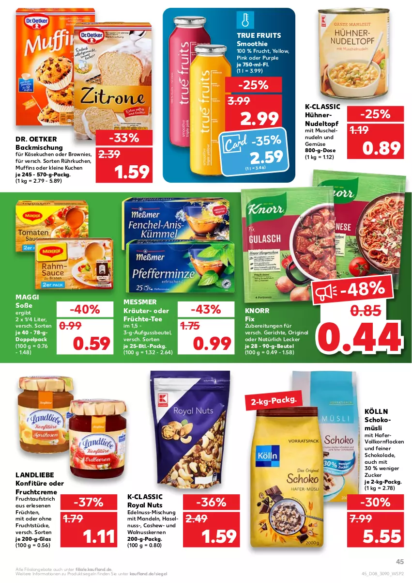 Aktueller Prospekt Kaufland - von 24.02 bis 02.03.2022 - strona 45 - produkty: angebot, angebote, aufstrich, backmischung, beutel, brownie, brownies, Cashew, creme, Dr. Oetker, frucht, fruchtaufstrich, früchte, früchten, gin, hafer, haselnuss, hühner, Käse, käsekuchen, knorr, knorr fix, kölln, konfitüre, korn, kräuter, kuchen, landliebe, leine, maggi, mandel, mandeln, Muffin, muffins, Muscheln, müsli, nudel, nudeln, nuss, schoko, schokolade, schokomüsli, smoothie, Soße, tee, Ti, topf, true fruits, und gemüse, walnuss, walnusskerne, zucker