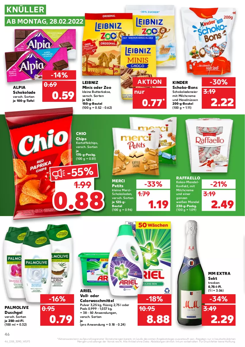 Aktueller Prospekt Kaufland - von 24.02 bis 02.03.2022 - strona 46 - produkty: alpia, angebot, ariel, beutel, butter, butterkeks, chio chips, chips, colorwaschmittel, creme, duschgel, eier, kartoffel, kartoffelchips, keks, kekse, Kinder, kokos, leibniz, leine, mandel, merci, milch, mm extra, olive, palmolive, Pods, raffaello, schoko, schoko-bons, schokolade, schokoladen, sekt, Ti, waschmittel, ZTE