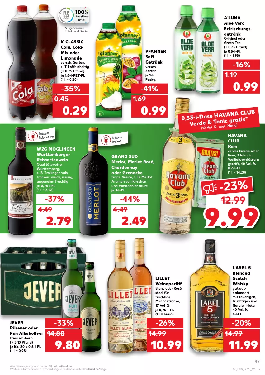 Aktueller Prospekt Kaufland - von 24.02 bis 02.03.2022 - strona 47 - produkty: alkohol, aloe vera, angebot, angebote, aperitif, Berger, blended scotch, blended scotch whisky, chardonnay, cola, decke, Deckel, erde, erfrischungsgetränk, frucht, getränk, getränke, gin, grand sud, green tea, Havana Club, himbeer, jever, jever pilsener, kirsch, kirsche, kirschen, konfitüre, lillet, limo, limonade, merl, merlot, nuss, pfanne, Pfanner, pils, pilsener, qualitätswein, qualitätsweine, Rauch, rotwein, rum, saft, scotch, scotch whisky, Ti, trolli, trollinger, usb, wein, weine, whisky