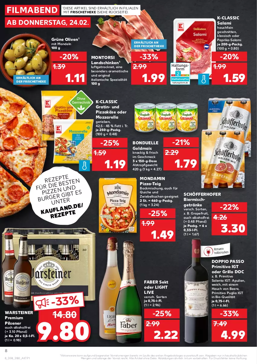 Aktueller Prospekt Kaufland - von 24.02 bis 02.03.2022 - strona 8 - produkty: alkohol, angebot, backmischung, beere, bier, bio, bonduelle, bonduelle goldmais, doppio passo, elle, ente, getränk, getränke, gin, Goldmais, grapefruit, grill, grillo, grüne oliven, Käse, kuchen, landschinken, mab, mac, mais, mandel, mandeln, mondamin, montorsi, mozzarella, olive, oliven, paprika, passo, pils, pilsener, pizza, premium pils, primitivo, Quiche, rel, rotwein, salami, schinken, schnitten, schöfferhofer, sekt, Spezi, steiner, Ti, tisch, warsteiner, wein, ZTE, zwiebel