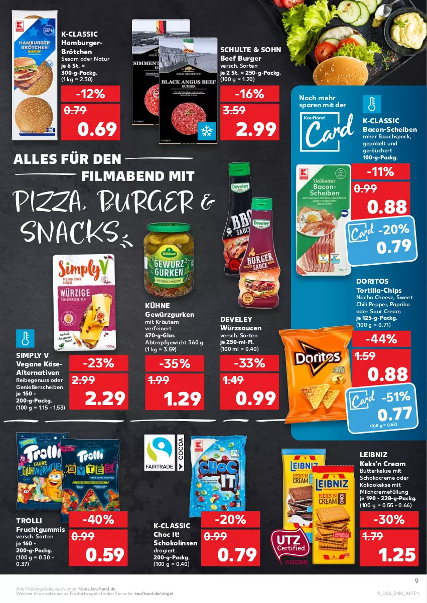 Aktueller Prospekt Kaufland - von 24.02 bis 02.03.2022 - strona 9 - produkty: angebot, angebote, bacon, Bau, beef, brötchen, burger, butter, butterkeks, chili, chips, creme, develey, Doritos, frucht, fruchtgummi, fruchtgummis, gewürz, Gewürzgurke, gewürzgurken, gurke, gurken, hamburger, kakao, Käse, keks, kekse, kräuter, kräutern, Kühne, leibniz, linsen, mab, milch, nacho, nacho cheese, natur, nuss, paprika, pizza, sauce, saucen, schoko, Schokolinsen, sesam, sim, snack, snacks, sour cream, Speck, Ti, tortilla, trolli, trolli fruchtgummi, würzsauce, würzsaucen