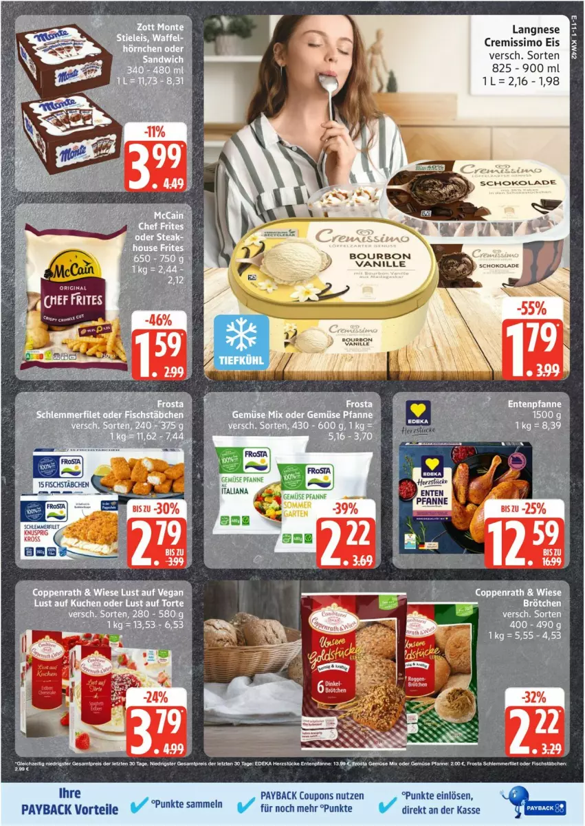 Aktueller Prospekt Edeka - Prospekte - von 13.10 bis 18.10.2025 - strona 11 - produkty: bourbon, bourbon vanille, brötchen, coupon, coupons, cremissimo, eis, langnese, langnese cremissimo, payback, pfanne, schoko, schokolade, sim, vanille