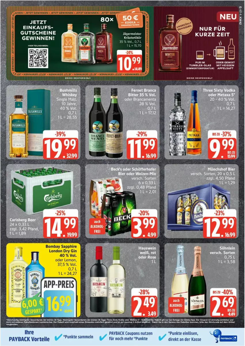 Aktueller Prospekt Edeka - Prospekte - von 13.10 bis 18.10.2025 - strona 17 - produkty: bombay sapphire, coupon, coupons, dry gin, eier, gin, gutschein, gutscheine, kräuter, kräuterlikör, leine, likör, london dry, london dry gin, payback, sapphire