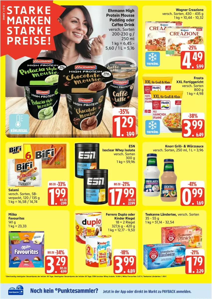 Aktueller Prospekt Edeka - Prospekte - von 13.10 bis 18.10.2025 - strona 2 - produkty: caffe, cocktail, drink, duplo, ehrmann, ferrero, fertiggericht, frosta, grill, Kinder, kinder riegel, knoblauch, knorr, Ländertee, milka, mousse, payback, pudding, riegel, salami, sauce, tee, teekanne, tesa, Ti, wagner, würzsauce, ZTE