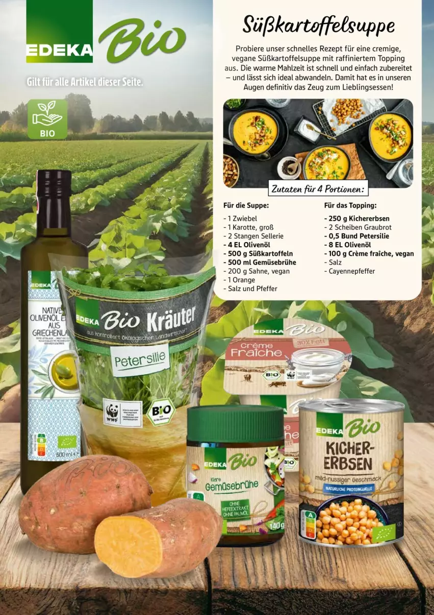 Aktueller Prospekt Edeka - Prospekte - von 13.10 bis 18.10.2025 - strona 26 - produkty: bier, Biere, brot, Brühe, creme, elle, erbsen, Gemüsebrühe, kartoffel, kartoffeln, Kartoffelsuppe, kichererbsen, olive, oliven, olivenöl, orange, petersilie, pfeffer, rezept, sahne, salz, suppe, Süßkartoffeln, Ti, zwiebel