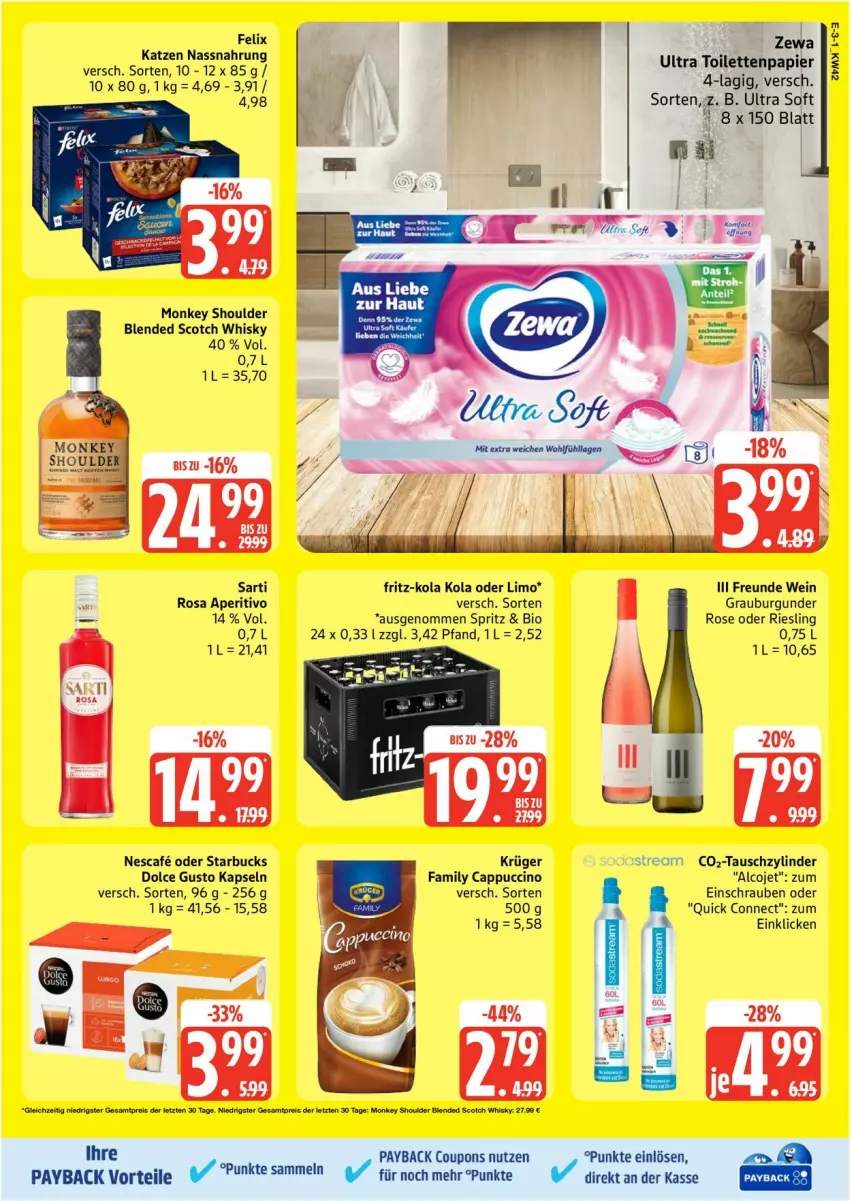 Aktueller Prospekt Edeka - Prospekte - von 13.10 bis 18.10.2025 - strona 3 - produkty: bio, blended scotch, blended scotch whisky, burgunder, Cap, cappuccino, cin, coupon, coupons, dolce gusto, felix, fritz, fritz-kola, grauburgunder, krüger, limo, Nassnahrung, nescafe, papier, payback, riesling, schrauben, scotch, scotch whisky, starbucks, Ti, toilettenpapier, wein, whisky, zewa