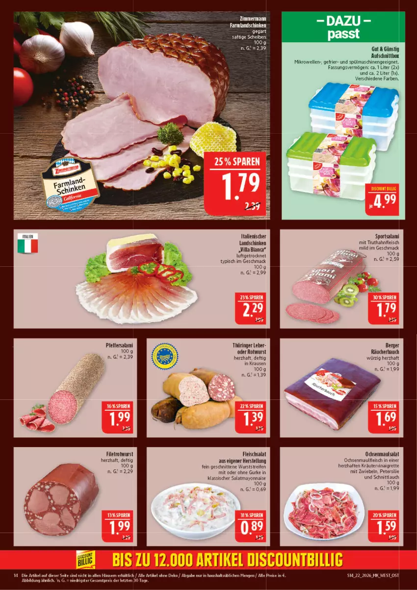 Aktueller Prospekt Marktkauf - Prospekt - von 24.05 bis 30.05.2026 - strona 14 - produkty: Bau, Berger, eis, elle, filet, fleisch, fleischsalat, gurke, kräuter, landschinken, mac, mayonnaise, mikrowelle, mit zwiebeln, petersilie, pfeffer, reifen, reis, ring, Rotwurst, saft, salami, salat, schinken, schnitten, schnittlauch, Sport, spülmaschinen, Ti, truthahn, wurst, Yo, ZTE, zwiebel, zwiebeln