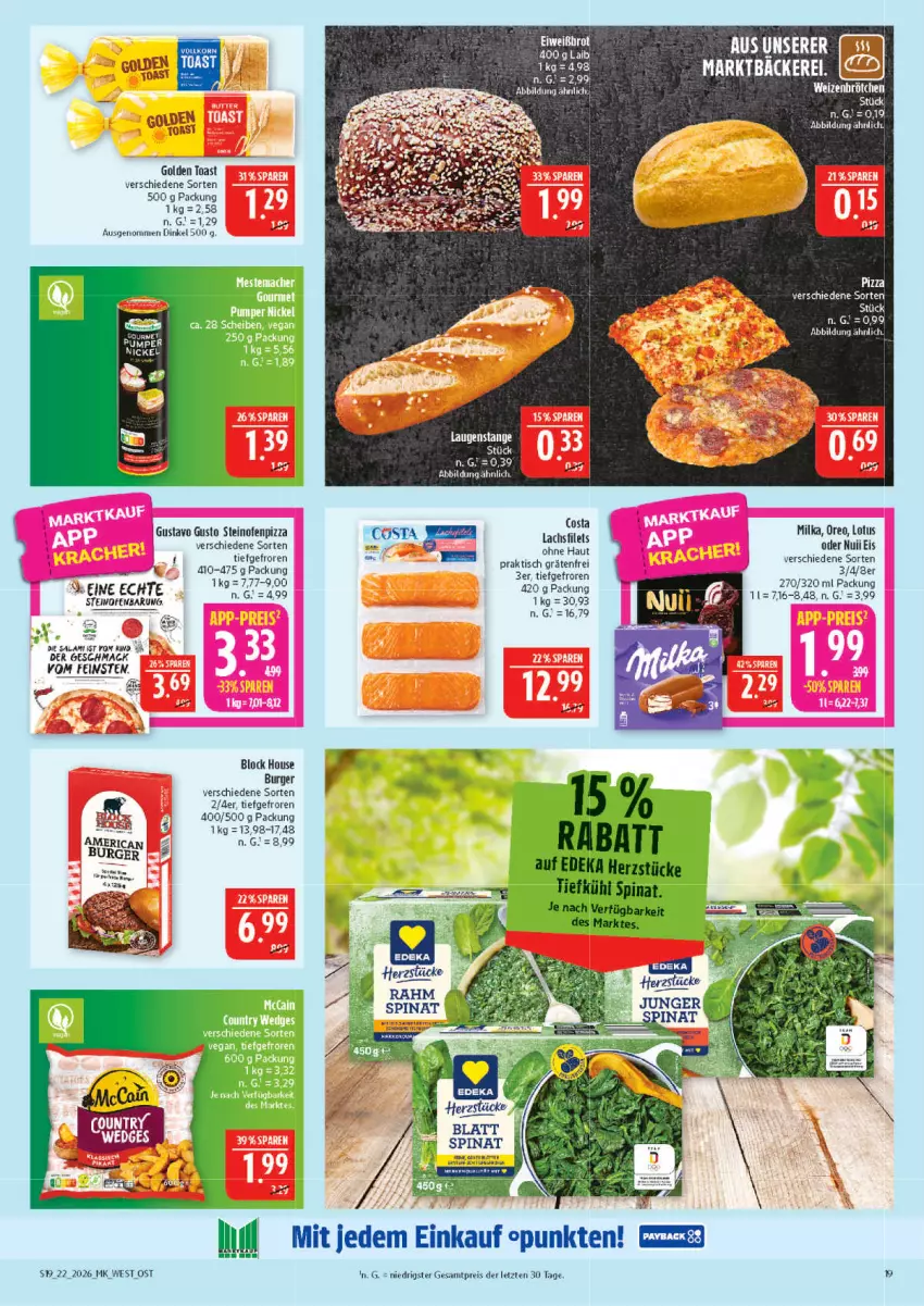 Aktueller Prospekt Marktkauf - Prospekt - von 24.05 bis 30.05.2026 - strona 19 - produkty: burger, eis, filet, filets, golden toast, korn, lachs, lachsfilet, lachsfilets, Laugenstange, LG, mac, milka, nuii, Ofen, oreo, pizza, reis, rind, salami, spinat, steinofen, tee, Ti, tisch, toast, Yo, ZTE