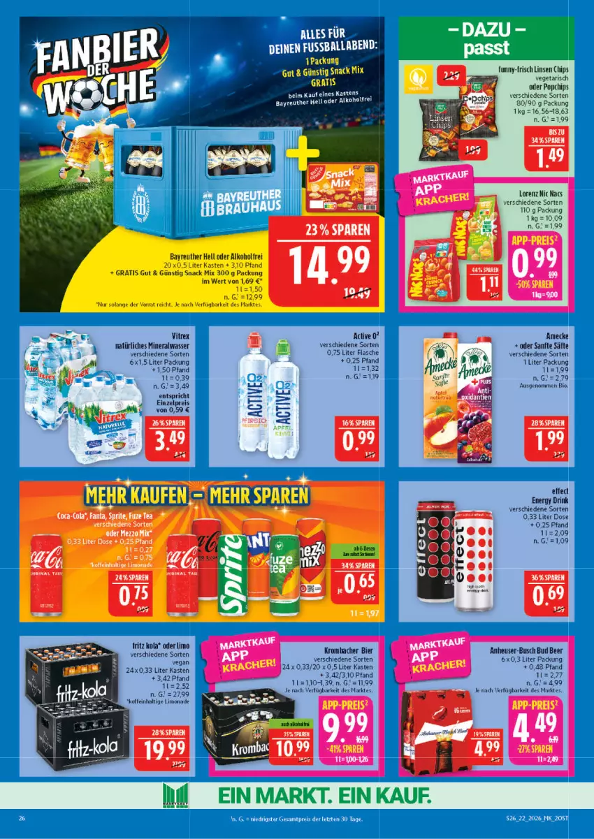 Aktueller Prospekt Marktkauf - Prospekt - von 24.05 bis 30.05.2026 - strona 26 - produkty: alkohol, Alwa, amecke, bier, bio, chips, drink, Effect, eis, energy drink, flasche, fritz, funny-frisch, Heu, krombache, krombacher, limo, limonade, linsen, lorenz, mineralwasser, natürliches mineralwasser, reis, säfte, Ti, Vegeta, vitrex, wasser