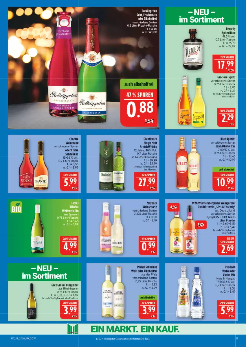 Aktueller Prospekt Marktkauf - Prospekt - von 24.05 bis 30.05.2026 - strona 27 - produkty: alkohol, aperitif, auer, bio, burgunder, creme, eier, flasche, frucht, geschenkpackung, gracioso, grauer burgunder, likör, lillet, Michel Schneider, puschkin vodka, qualitätswein, rotkäppchen, rum, sahne, schorle, scotch, scotch whisky, single malt, Ti, vodka, wein, weinbrand, weinschorle, Weißwein, whisky