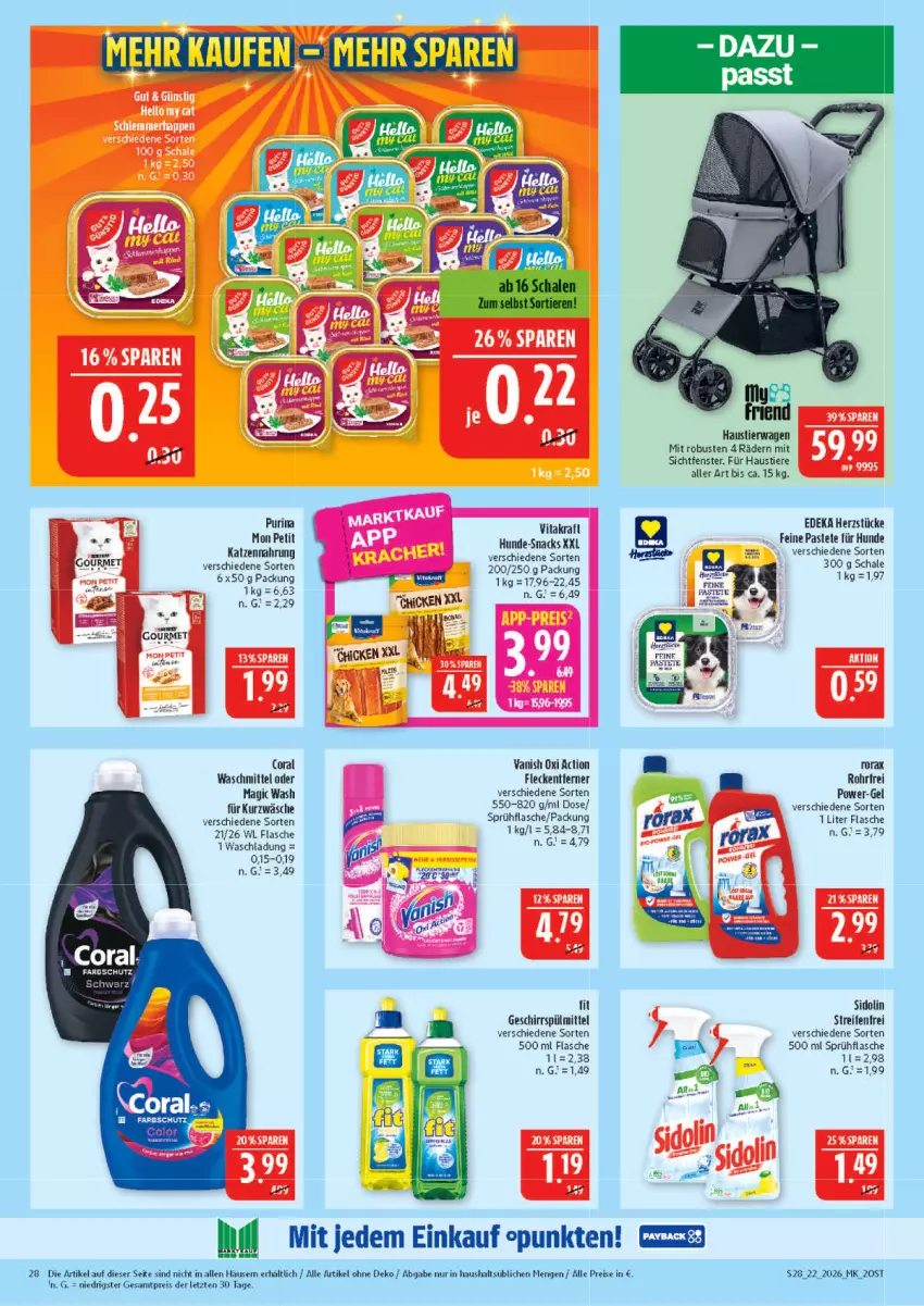 Aktueller Prospekt Marktkauf - Prospekt - von 24.05 bis 30.05.2026 - strona 28 - produkty: aust, Coral, deka, eis, fenster, flasche, fleckentferner, geschirr, geschirrspülmittel, katzennahrung, oxi action, pastete, power-gel, purina, reifen, reis, rorax, Schal, Schale, sidolin, snack, snacks, sprühflasche, spülmittel, Stier, Ti, Tiere, vanish, vanish oxi action, vita, waschmittel, ZTE
