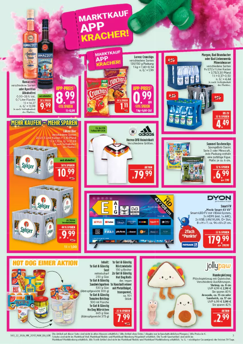 Aktueller Prospekt Marktkauf - Prospekt - von 24.05 bis 30.05.2026 - strona 3 - produkty: alkohol, Alwa, avocado, Bad, Becher, bügel, chips, crunchips, dyon, eimer, eis, flasche, gurke, gurken, HDMI, hot dog, ketchup, LG, lorenz, lorenz crunchips, mineralwasser, Plüsch, rama, ramazzott, ramazzotti, reis, sandwich, schuhe, senf, spielzeug, Sport, Tasche, taschen, Ti, tomate, tomaten, tomaten ketchup, Trikot, usb, wasser, würstchen, Yo, zott, ZTE