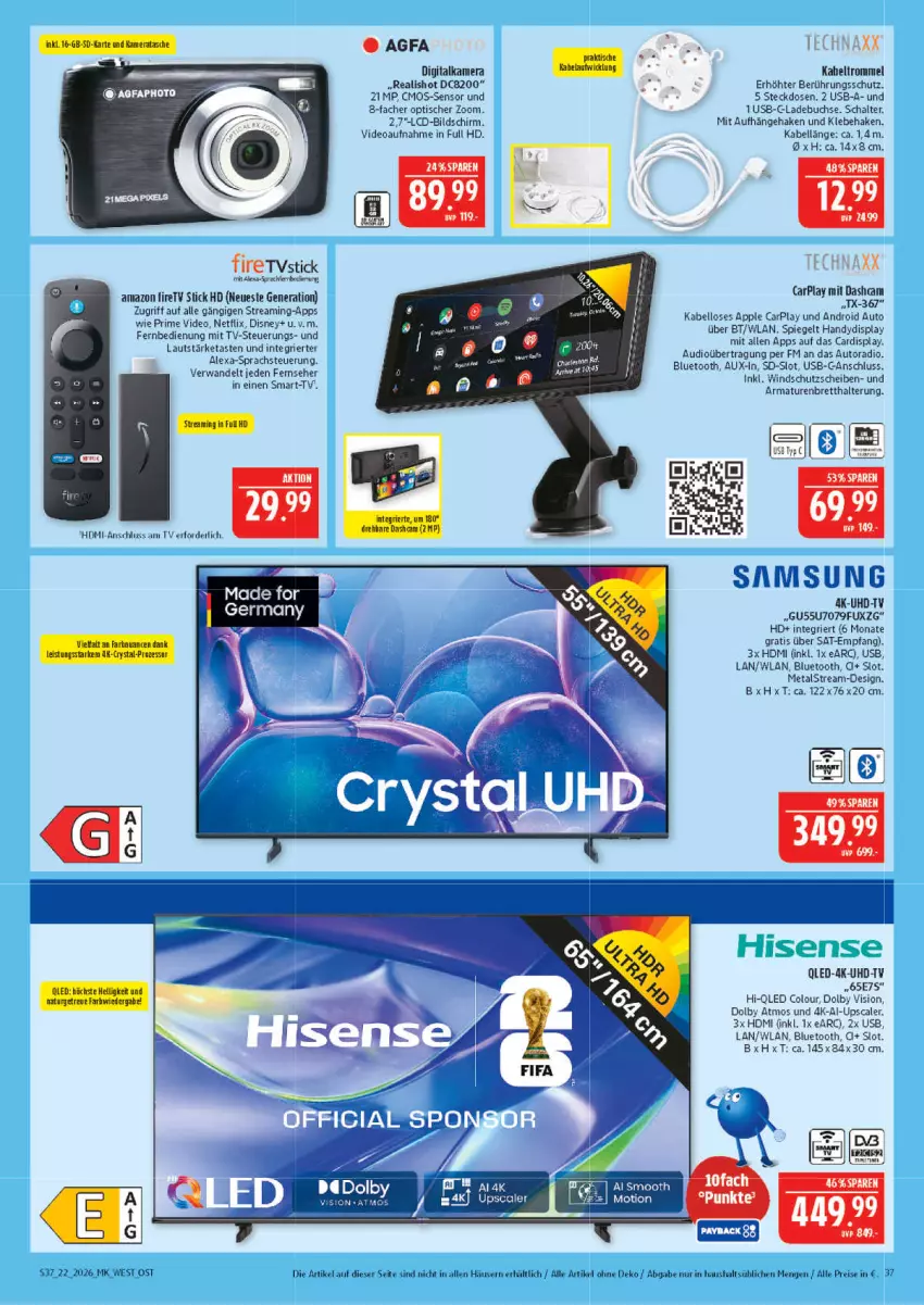 Aktueller Prospekt Marktkauf - Prospekt - von 24.05 bis 30.05.2026 - strona 37 - produkty: alexa, Apple, armatur, armaturen, auto, Autoradio, buch, cmos-sensor, deo, digitalkamera, disney, eis, fernbedienung, fernseher, Germ, Handy, HDMI, kamera, netflix, qled, Radio, reis, Schal, spiegel, steckdose, Ti, tisch, trommel, uhd, UHD-TV, und armatur, usb, Windschutz