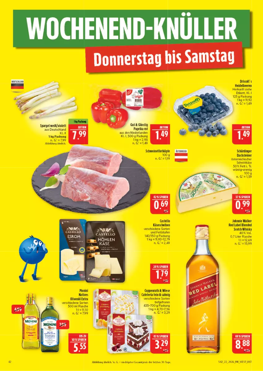 Aktueller Prospekt Marktkauf - Prospekt - von 24.05 bis 30.05.2026 - strona 42 - produkty: beere, beeren, blended scotch, blended scotch whisky, coppenrath, eis, filet, flasche, heidelbeere, heidelbeeren, johnnie walker, Käse, käsescheiben, monin, olive, oliven, olivenöl, olivenöl extra, österreichischer schnittkäse, reis, Ria, Schärdinger, schnittkäse, schwein, schweine, schweinefilet, scotch, scotch whisky, steiner, Ti, wein, weine, whisky, ZTE