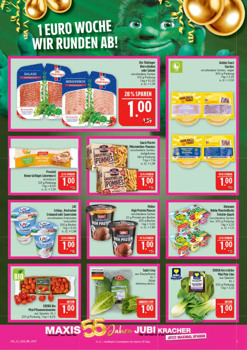 Aktueller Prospekt Marktkauf - Prospekt - von 24.05 bis 30.05.2026 - strona 5 - produkty: asti, auer, Becher, bier, bierschinken, bio, deka, edeka bio, ehrmann, elle, früchte, Geflügel, golden toast, leberwurst, mikrowelle, monster, mousse, Müller, pflaume, pflaumen, pommes, quark, ring, sahne, salami, salat, Sauerrahm, schinken, schmand, snack, Streichzart, Ti, toast, tomate, tomaten, vita, wurst