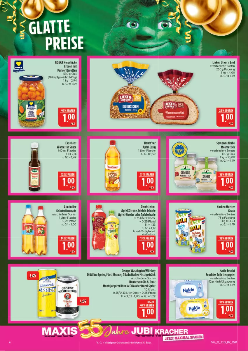 Aktueller Prospekt Marktkauf - Prospekt - von 24.05 bis 30.05.2026 - strona 6 - produkty: alkohol, almdudler, apfel, Apfelschorle, Bau, brot, cola, deka, eis, elle, enders, erbsen, essig, flasche, gerolsteine, gerolsteiner, getränk, gin, hakle, karotten, kirsch, kirsche, korn, kräuter, kuchen, lieken, limo, limonade, meerrettich, Meister, nero, papier, Rettich, rum, sahne, sauce, schorle, Sprizz, steiner, Ti, tonic, urkorn, whiskey, zitrone