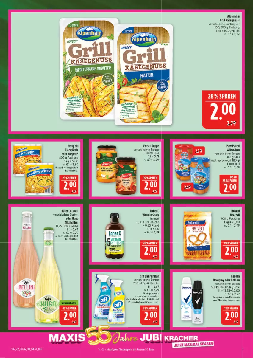Aktueller Prospekt Marktkauf - Prospekt - von 24.05 bis 30.05.2026 - strona 7 - produkty: alkohol, Alpenhain, Bad, biff, bio, biozidprodukte, cocktail, deo, deospray, eier, eierspätzle, erasco, flasche, grill, henglein, hugo, käfer, Käse, nuss, Paw Patrol, Rauch, reiniger, rexona, roll-on, Roller, rwe, sprühflasche, suppe, Ti, vita, würstchen