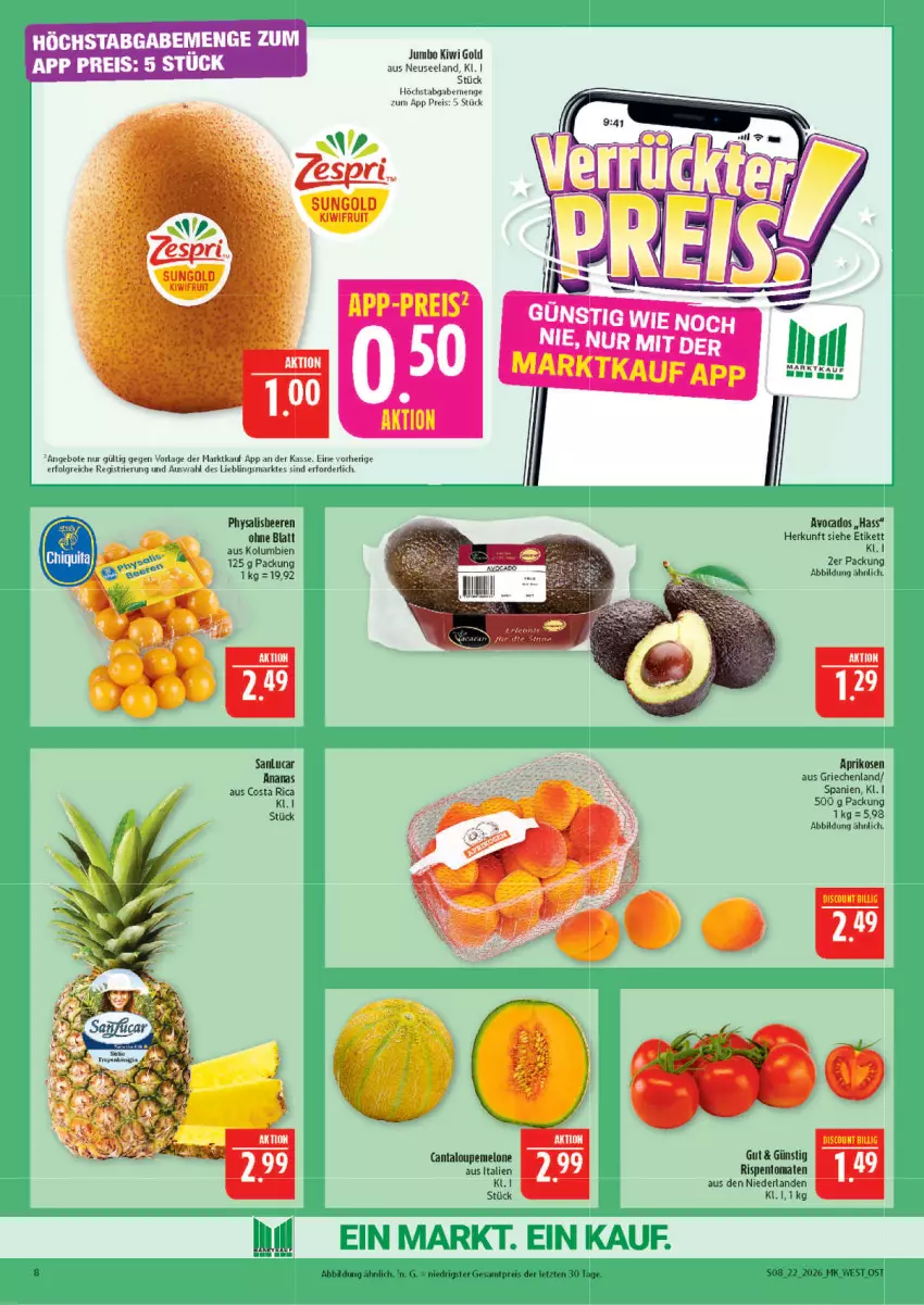 Aktueller Prospekt Marktkauf - Prospekt - von 24.05 bis 30.05.2026 - strona 8 - produkty: ananas, angebot, angebote, aprikose, aprikosen, avocado, avocados, beere, beeren, discount, eis, Elan, jumbo, kiwi, Kiwi Gold, kiwifruit, LG, melone, Physalis, reis, rispentomaten, Ti, tomate, tomaten, zespri, ZTE