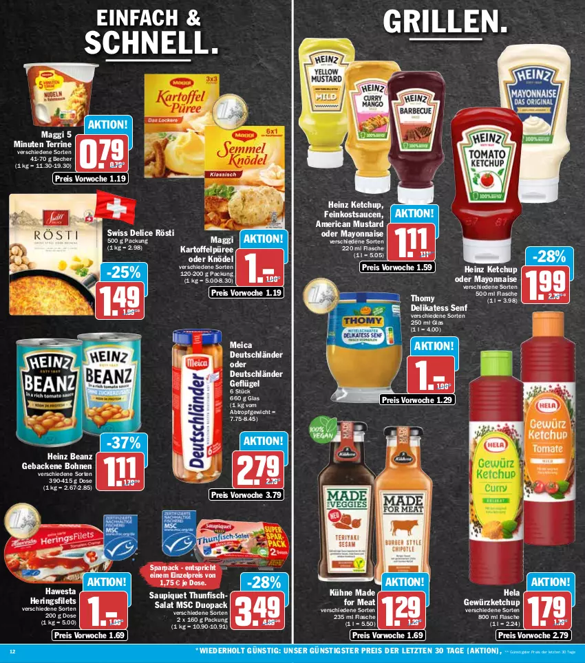 Aktueller Prospekt Hit - Prospekte - von 25.07 bis 30.07.2022 - strona 12 - produkty: beanz, Becher, bohne, bohnen, delice, delikatess senf, eis, feinkost, filet, filets, fisch, flasche, geback, Geflügel, gewürz, gewürzketchup, grill, hawesta, heinz, Hela, hering, Herings, heringsfilets, kartoffel, Kartoffelpüree, ketchup, Knödel, Kühne, maggi, mayonnaise, meica, püree, reis, ring, salat, sauce, saucen, saupiquet, senf, terrine, thomy, thunfisch, Thunfischsalat, Ti, Yo, ZTE