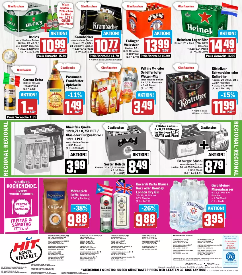 Aktueller Prospekt Hit - Prospekte - von 25.07 bis 30.07.2022 - strona 16 - produkty: Alwa, angebot, angebote, apfel, apfelwein, auer, bacardi, Bad, bier, bitburger, braun, burger, burgwallbronn, corona, corona extra, drucker, dry gin, eimer, eis, elle, Engel, erdinger, fisch, flasche, frankfurter, Frankfurter Apfelwein, gerolsteine, gerolsteiner, gin, glasflasche, heineken, kellerbier, kerze, köstritzer, krombache, krombacher, london dry, london dry gin, Lübecker, mineralwasser, mövenpick, Rauch, reis, rheinfels quelle, schöfferhofer, steiner, Ti, uhr, veltins, wasser, wein, weissbier, ZTE