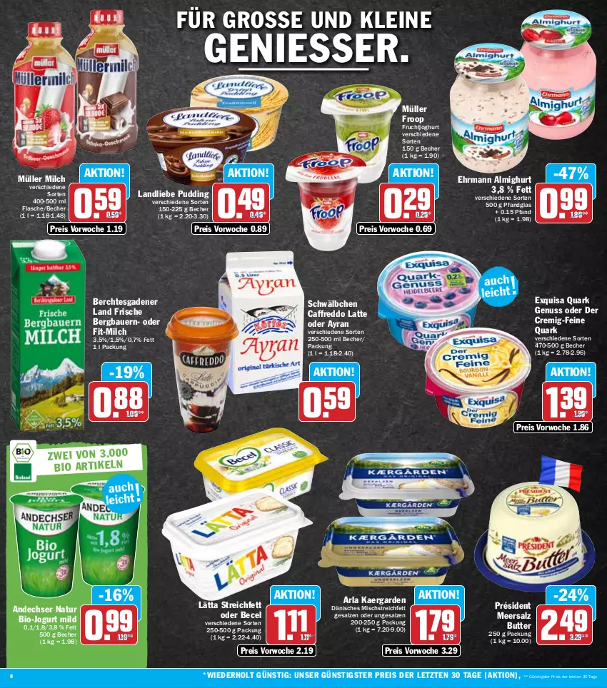 Aktueller Prospekt Hit - Prospekte - von 25.07 bis 30.07.2022 - strona 8 - produkty: almighur, almighurt, andechser natur, arla, auer, Ayran, Bau, Bauer, becel, Becher, bio, butter, ehrmann, ehrmann almighurt, eis, exquisa, flasche, freddo, froop, frucht, fruchtjoghurt, joghur, joghurt, jogurt, landliebe, lätta, latte, leine, meersalz, milch, Müller, müller froop, natur, nuss, pudding, quark, quark genus, quark genuss, reis, salz, Ti, ZTE