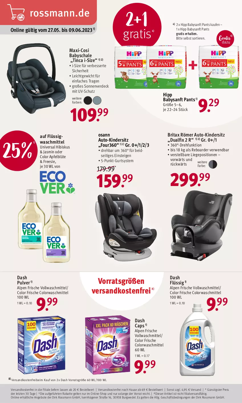 Aktueller Prospekt Rossmann - Prospekte - von 27.05 bis 09.06.2023 - strona 4 - produkty: angebot, angebote, apfel, auto, Blüte, brita, Cap, colorwaschmittel, eis, erde, hipp, Kinder, Kindersitz, LG, Liege, ndk, Pants, reis, rwe, Schal, Schale, Ti, Tiere, uv-schutz, versandkostenfrei, vollwaschmittel, waschmittel, wedel, ZTE