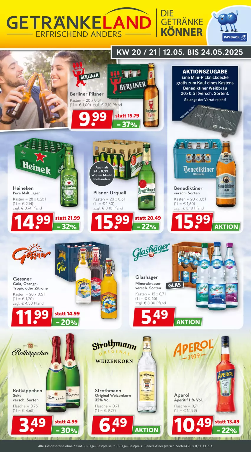 Aktueller Prospekt Getraenkeland - von 11.05 bis 23.05.2025 - strona 1 - produkty: aktionspreis, Alwa, aperitif, aperol, Benediktiner, berliner, bestpreis, bestpreise, cola, decke, eis, flasche, getränk, getränke, gin, heineken, korn, mineralwasser, orange, picknickdecke, pils, pilsner, pilsner urquell, reis, rotkäppchen, sekt, Ti, wasser, weizenkorn, zitrone