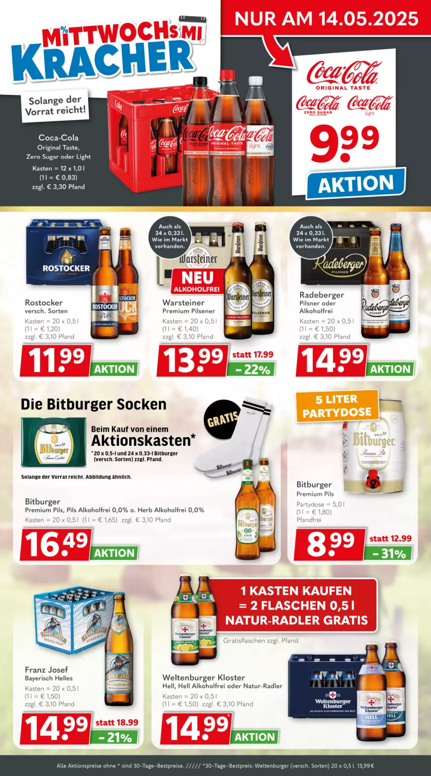 Aktueller Prospekt Getraenkeland - von 11.05 bis 23.05.2025 - strona 2 - produkty: aktionspreis, alkohol, auer, Berger, bestpreis, bestpreise, bitburger, burger, coca-cola, cola, eis, elle, flasche, natur, pils, pilsener, pilsner, premium pils, radeberger, radler, reis, Rostocker, socken, steiner, Ti, warsteiner