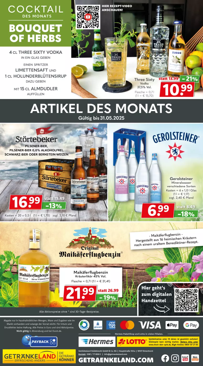 Aktueller Prospekt Getraenkeland - von 11.05 bis 23.05.2025 - strona 8 - produkty: abholpreise, aktionspreis, alkohol, almdudler, Alwa, bestpreis, bestpreise, bier, eis, Elan, flasche, gerolsteine, gerolsteiner, getränk, getränke, holunder, käfer, kräuter, kräuterlikör, kräutern, LG, likör, limette, limetten, mac, Mett, metten, mineralwasser, payback, pils, pilsener, reis, rezept, saft, sirup, Spezi, steiner, Three Sixty, Ti, vodka, wasser