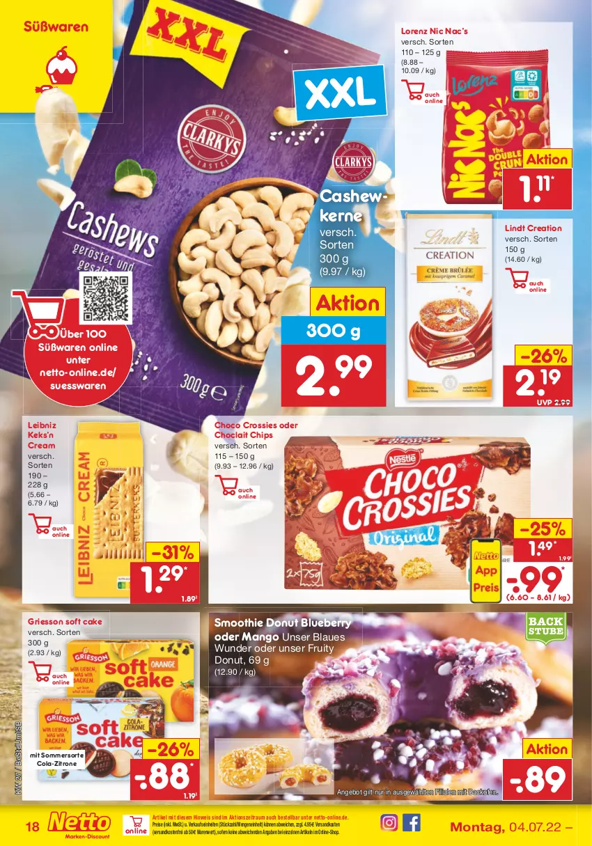 Aktueller Prospekt Netto Marken-Discount - Filial-Angebote - von 04.07 bis 09.07.2022 - strona 18 - produkty: angebot, backofen, blueberry, Cashew, cashewkerne, chips, choclait chips, choco crossies, cola, crossies, Donut, eis, griesson, keks, leibniz, lindt, lorenz, mango, ndk, Ofen, reis, smoothie, stube, Ti, versandkostenfrei, zitrone