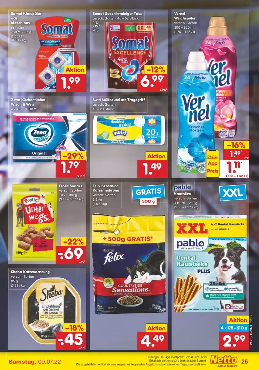 Aktueller Prospekt Netto Marken-Discount - Filial-Angebote - von 04.07 bis 09.07.2022 - strona 25 - produkty: angebot, bestpreis, beutel, eis, felix, frolic, geschirr, katzennahrung, klarspüler, küche, Küchen, küchentücher, maschinenreiniger, müllbeutel, reiniger, reis, sheba, snack, snacks, somat, swirl, Ti, tragegriff, tücher, vernel, weichspüler, zewa, ZTE