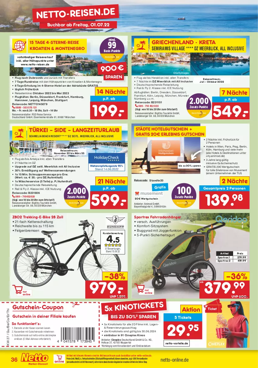 Aktueller Prospekt Netto Marken-Discount - Filial-Angebote - von 04.07 bis 09.07.2022 - strona 36 - produkty: Anhänger, Berger, buch, Buggy, cin, coupon, E-Bike, eimer, eis, Fahrrad, felgen, gutschein, Kette, LG, lion, monte, ndk, reis, reiseveranstalter, reiseverlauf, Ria, Schal, Sport, Ti, uhr, versandkostenfrei