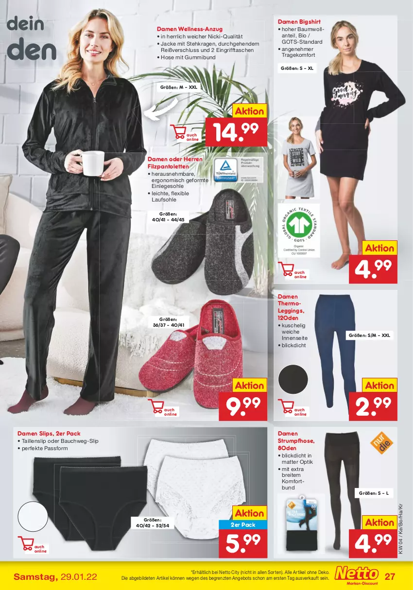 Aktueller Prospekt Netto Marken-Discount - Filial-Angebote - von 24.01 bis 29.01.2022 - strona 27 - produkty: angebot, Anzug, Bau, bio, Brei, gin, hose, Jacke, leggings, pantolette, pantoletten, rum, shirt, slip, slips, Strumpfhose, Taillenslip, Tasche, taschen, Thermoleggings, Ti, ZTE