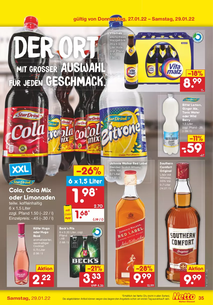 Aktueller Prospekt Netto Marken-Discount - Filial-Angebote - von 24.01 bis 29.01.2022 - strona 35 - produkty: alkohol, angebot, bitter lemon, blended scotch, blended scotch whisky, cocktail, cola, eis, getränk, gin, ginger, ginger ale, hugo, johnnie walker, käfer, likör, limo, limonade, limonaden, mac, malz, pils, reis, scotch, scotch whisky, Southern Comfort, Ti, tonic, tonic water, vita, vitamalz, wein, whiskey, whisky, Wild, wild berry, ZTE