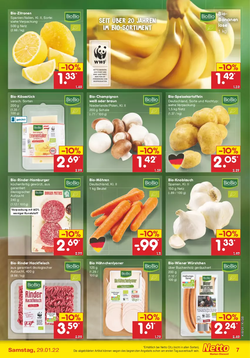 Aktueller Prospekt Netto Marken-Discount - Filial-Angebote - von 24.01 bis 29.01.2022 - strona 7 - produkty: angebot, banane, bananen, beutel, bio, Bio-Käse, bio-zitronen, braun, buch, burger, champignon, discount, eis, fleisch, gewürz, hackfleisch, hamburger, Holz, kartoffel, kartoffeln, Käse, knoblauch, küche, Küchen, lyoner, möhren, rind, rinder, Schal, Schale, speisekartoffeln, Ti, wiener, wiener würstchen, würstchen, Yo, zitrone, zitronen, ZTE