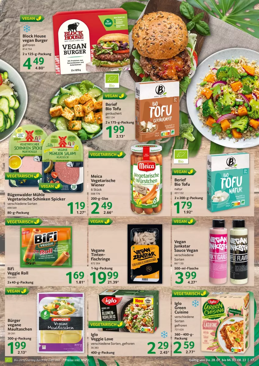 Aktueller Prospekt Selgros - Food - von 28.07 bis 03.08.2022 - strona 17 - produkty: bifi, bio, blume, blumen, bohne, bohnen, burger, fisch, iglo, maultaschen, meica, natur, ring, rügenwalder, rügenwalder mühle, salami, sauce, schinken, schinken spicker, sonnenblume, sonnenblumen, steak, steaks, Tasche, taschen, Ti, Tofu, Vegeta, veggie, Veggie Love, wiener, würstchen