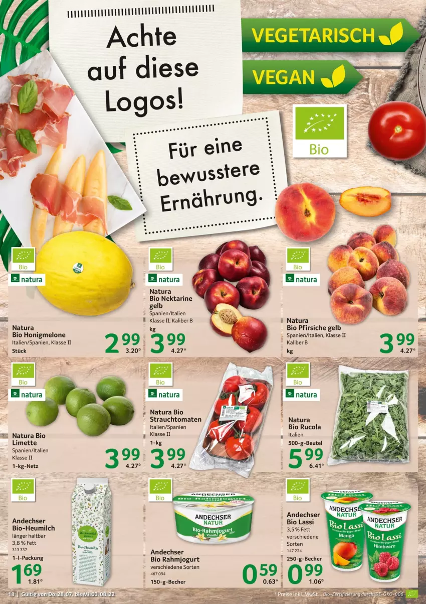 Aktueller Prospekt Selgros - Food - von 28.07 bis 03.08.2022 - strona 18 - produkty: Becher, bio, cola, Heu, heumilch, honig, honigmelone, jogurt, limette, melone, Mett, milch, natur, natura, Nektar, pfirsich, pfirsiche, Rauch, rucola, strauchtomaten, tomate, tomaten