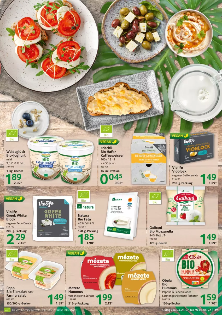 Aktueller Prospekt Selgros - Food - von 28.07 bis 03.08.2022 - strona 19 - produkty: Becher, beutel, bio, bio-joghurt, butter, eier, eiersalat, eis, feta, frischli, galbani, Getrocknete Tomaten, hafer, hummus, joghur, joghurt, kaffee, mozzarella, natur, natura, paprika, Popp, rel, salat, tomate, tomaten