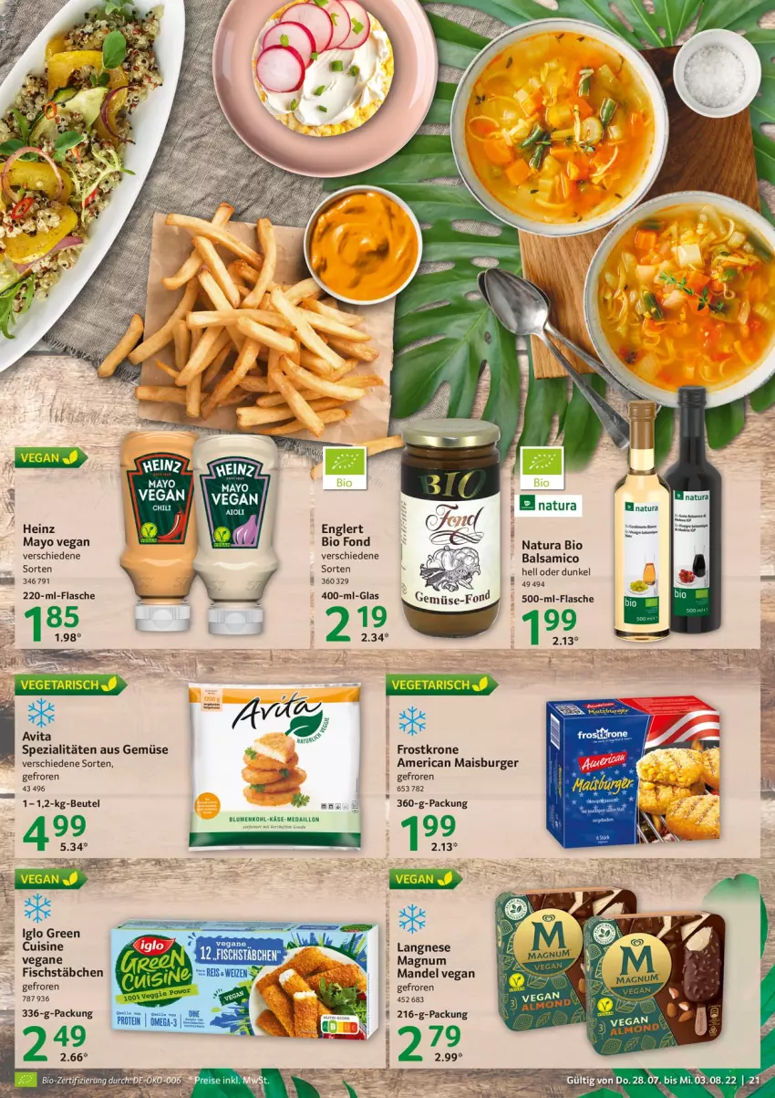 Aktueller Prospekt Selgros - Food - von 28.07 bis 03.08.2022 - strona 21 - produkty: balsam, balsamico, bio, blume, burger, fisch, fischstäbchen, flasche, heinz, iglo, Käse, krone, langnese, mais, mandel, natur, natura, Spezi, vita, Yo