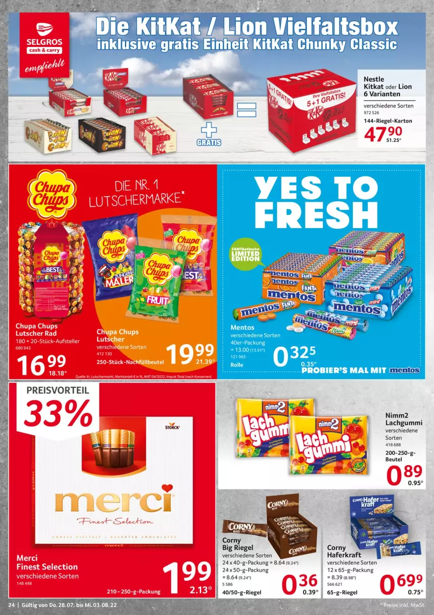 Aktueller Prospekt Selgros - Food - von 28.07 bis 03.08.2022 - strona 24 - produkty: beutel, corny, hafer, kitkat, kraft, lachgummi, lion, mentos, nimm2, Ria, riegel, storck, Ti, uhr