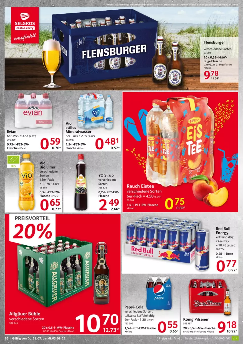 Aktueller Prospekt Selgros - Food - von 28.07 bis 03.08.2022 - strona 26 - produkty: Alwa, bio, bio limo, bügel, bügelflasche, burger, cola, eis, flasche, flensburger, Kamin, könig pilsener, limo, mineralwasser, mw-flasche, pepsi, pepsi-cola, pils, pilsener, preisvorteil, red bull, reis, sirup, Ti, wasser, Yo