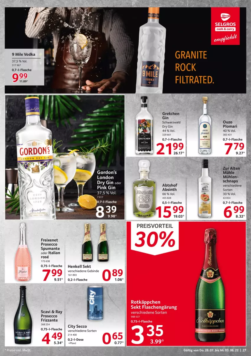 Aktueller Prospekt Selgros - Food - von 28.07 bis 03.08.2022 - strona 27 - produkty: dry gin, ecco, eis, flasche, freixenet, frizzante, gin, gordon, Gordon’s, henkel, henkell, henkell sekt, ouzo, preisvorteil, prosecco, puma, reis, sekt, spumante, Ti, vodka