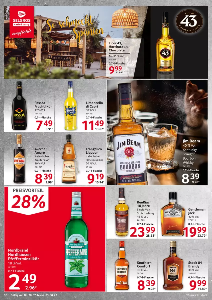 Aktueller Prospekt Selgros - Food - von 28.07 bis 03.08.2022 - strona 30 - produkty: amaro, averna, BenRiach, Cap, cola, eis, elle, flasche, frangelico, frucht, haselnuss, jim beam, kräuter, kräuterlikör, licor, licor 43, likör, limo, liqueur, nuss, passo, preisvorteil, reis, Ria, scotch, scotch whisky, single malt, tee, tuc, whiskey, whisky