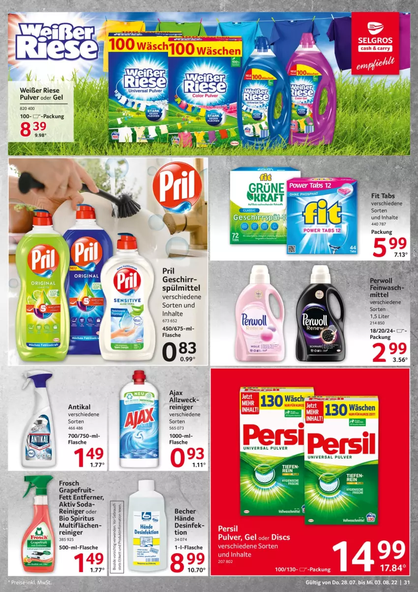 Aktueller Prospekt Selgros - Food - von 28.07 bis 03.08.2022 - strona 31 - produkty: ajax, Becher, bio, Desinfektion, flasche, Frosch, geschirr, gin, grapefruit, pril, reiniger, Soda, spiritus, spülmittel, Ti, universal pulver, vollwaschmittel, waschmittel, weck