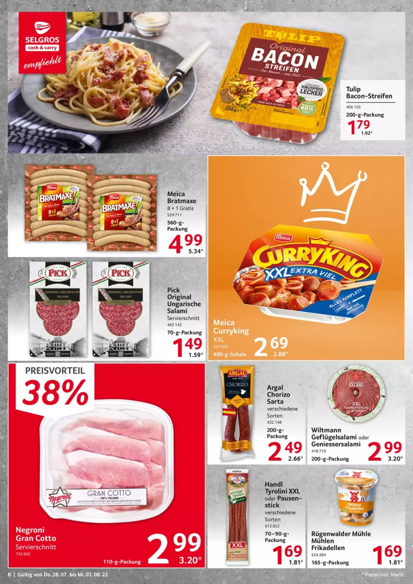 Aktueller Prospekt Selgros - Food - von 28.07 bis 03.08.2022 - strona 8 - produkty: axe, bacon, bratmaxe, chorizo, dell, elle, frikadellen, Geflügel, gin, reifen, salami, Ti, tulip, Ungarische Salami, wiltmann