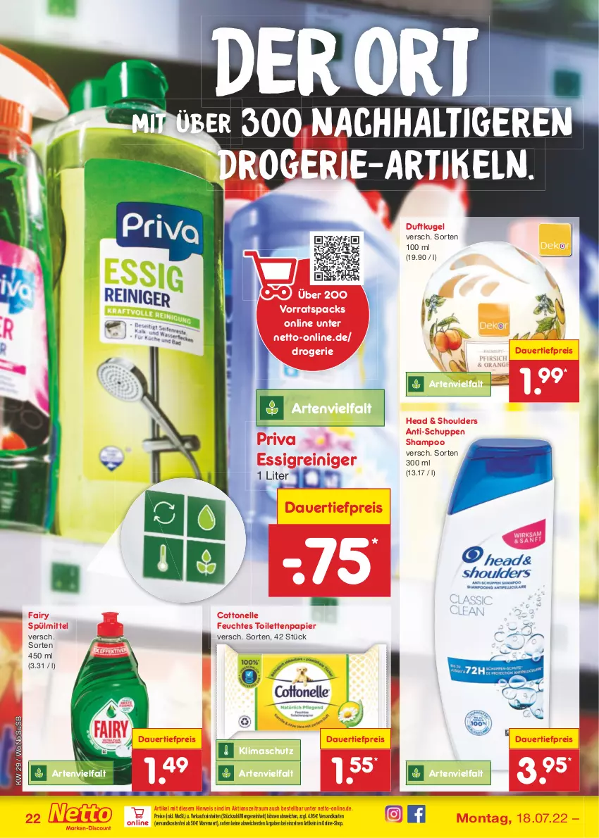 Aktueller Prospekt Netto Marken-Discount - Filial-Angebote - von 18.07 bis 23.07.2022 - strona 22 - produkty: auer, cottonelle, dauertiefpreis, drogerie-artikel, eis, elle, essig, fairy, feuchtes toilettenpapier, Kugel, ndk, papier, reiniger, reis, shampoo, spülmittel, Ti, tiefpreis, toilettenpapier, usb, versandkostenfrei