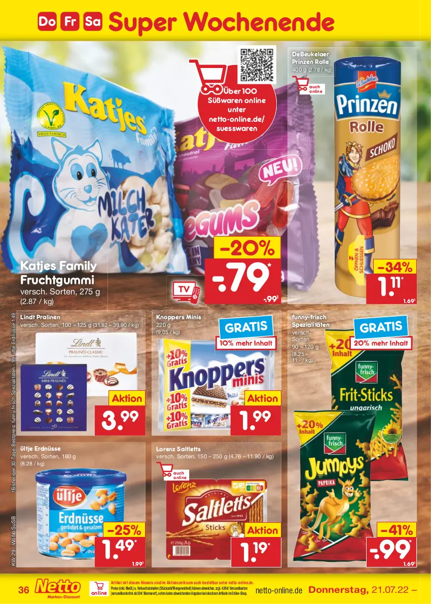 Aktueller Prospekt Netto Marken-Discount - Filial-Angebote - von 18.07 bis 23.07.2022 - strona 36 - produkty: bestpreis, debeukelaer, eis, erdnüsse, frucht, fruchtgummi, funny-frisch, katjes, knoppers, lindt, lorenz, ndk, pralinen, prinzen rolle, reis, saltletts, Spezi, Ti, ültje, ültje erdnüsse, usb, versandkostenfrei