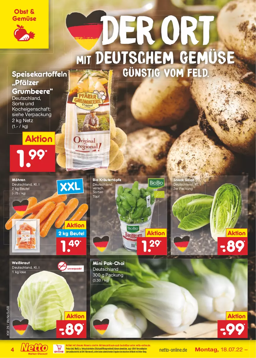 Aktueller Prospekt Netto Marken-Discount - Filial-Angebote - von 18.07 bis 23.07.2022 - strona 4 - produkty: asti, beere, beutel, bio, eis, kartoffel, kartoffeln, Kraut, kräuter, möhren, ndk, obst, reis, rum, salat, snack, speisekartoffeln, Ti, topf, usb, versandkostenfrei