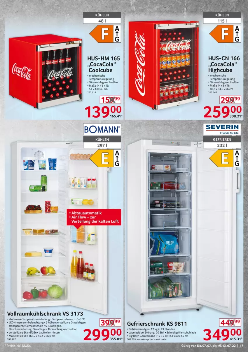 Aktueller Prospekt Selgros - Nonfood - von 07.07 bis 13.07.2022 - strona 17 - produkty: abtauautomatik, auto, beleuchtung, bomann, cola, eier, ente, flasche, gefrierschrank, kühlschrank, LG, Schal, Schale, Schrank, tee, Ti, türanschlag wechselbar