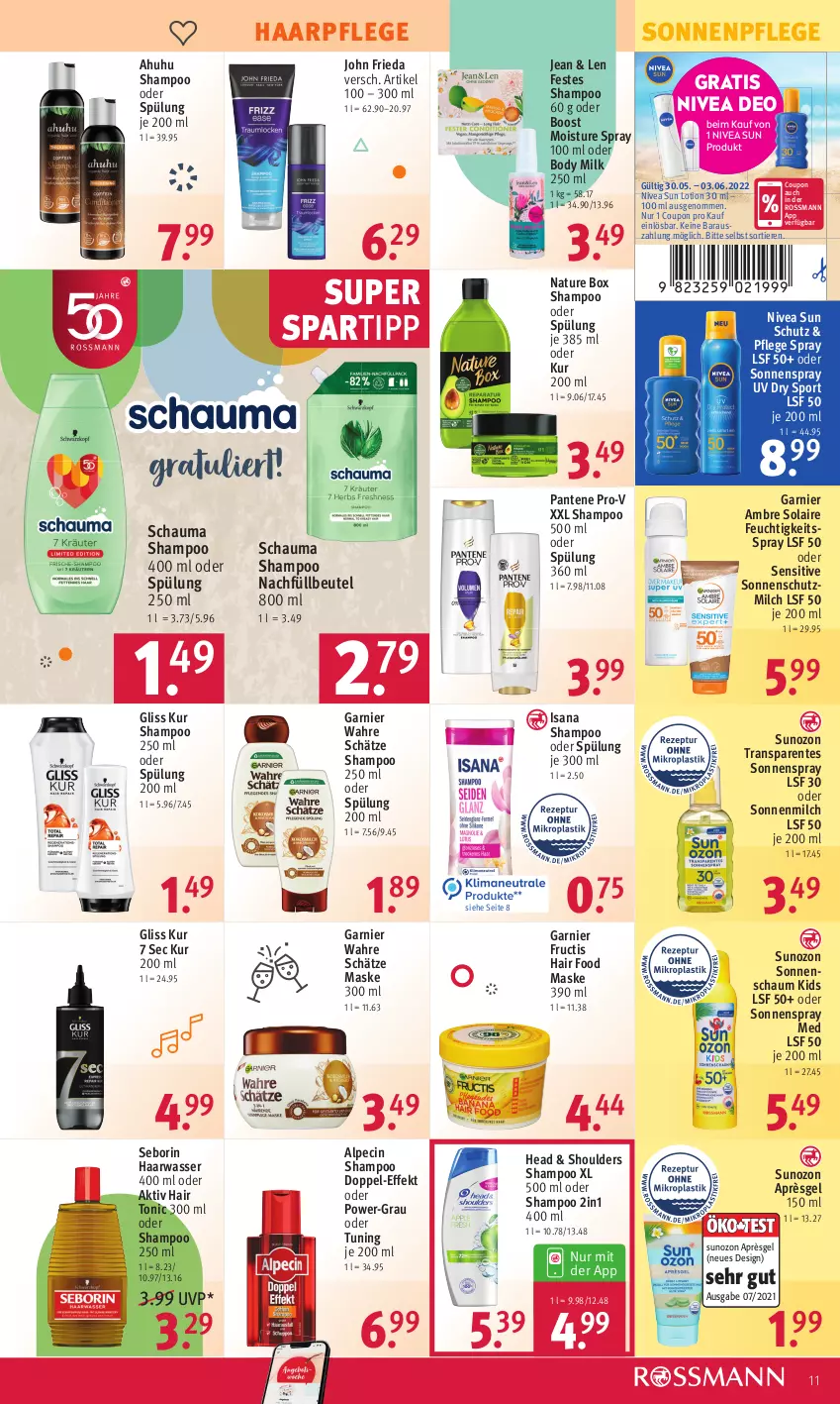 Aktueller Prospekt Rossmann - Prospekte - von 30.05 bis 03.06.2022 - strona 11 - produkty: alpecin, Ambre Solaire, beutel, body, body milk, cin, coupon, deo, ente, fructis, garnier, gliss, gliss kur, haarpflege, Hair Tonic, isana, Lotion, Maske, milch, natur, nature box, nivea, nivea sun, pantene, pantene pro-v, pro-v, sana, schauma, schauma shampoo, shampoo, shampoo 250 ml, shampoo oder spülung, sonnenmilch, sonnenschutz, sonnenspray, spartipp, Sport, spülung, spülung 200 ml, Sun Lotion, Ti, Tiere, tonic, uhu, Wahre Schätze, wasser